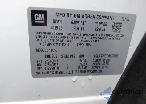 2021 Chevrolet Trailblazer Fwd Lt z USA, uszkodzony, nr VIN KL79MPS2XMB113819